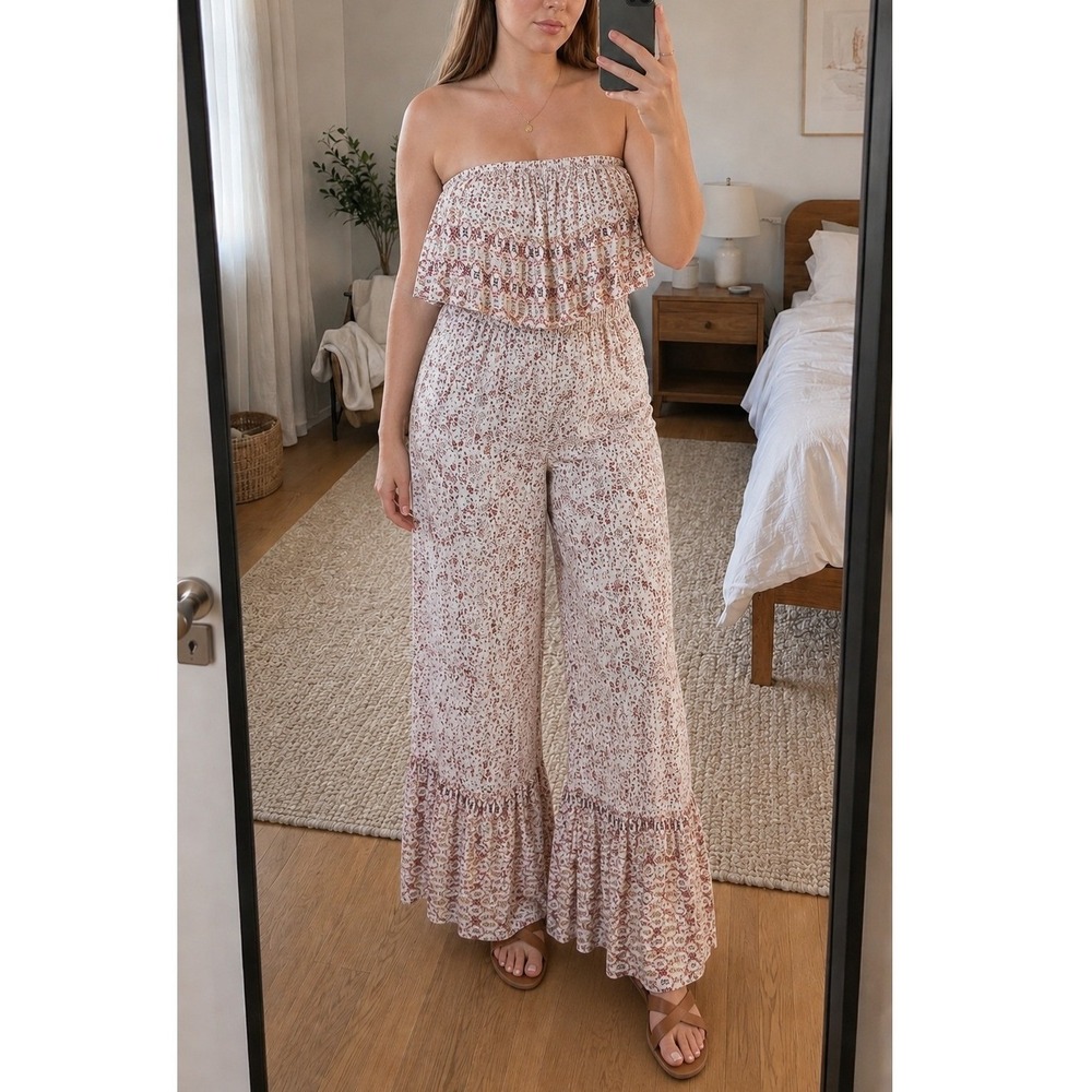 Womens Wide Leg Floral Jumpsuit Large Strapless Boho Cottage Romantic Summer